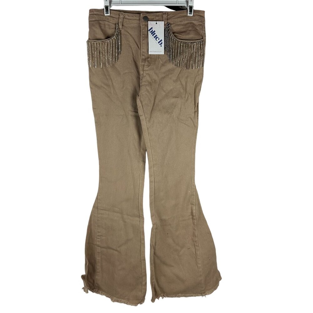 Blueb Collection Womens Khaki Flared Jeans With Rhinestone Fringe Detail Size M